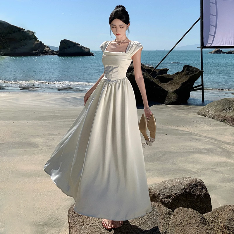 Elegant Beach Party White Luxurious Evening Midi Dresses for Women Summer French Chic Sleeveless Casual Vacation Female Clothing