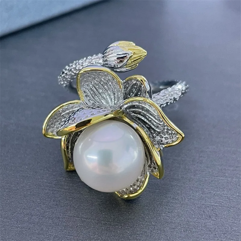 huge AAAA+++ 10-11mm 11-12mm Natural South Sea white Lotus Opening Ring Silver Set Full Body S925- gift box