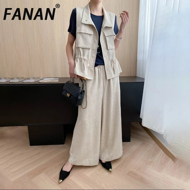 

FANAN Office Lady 2 Piece Set Women's Lapel Drawstring Gathered Waist Vest+high Waist Straight Loose Pants 2025 Autumn New