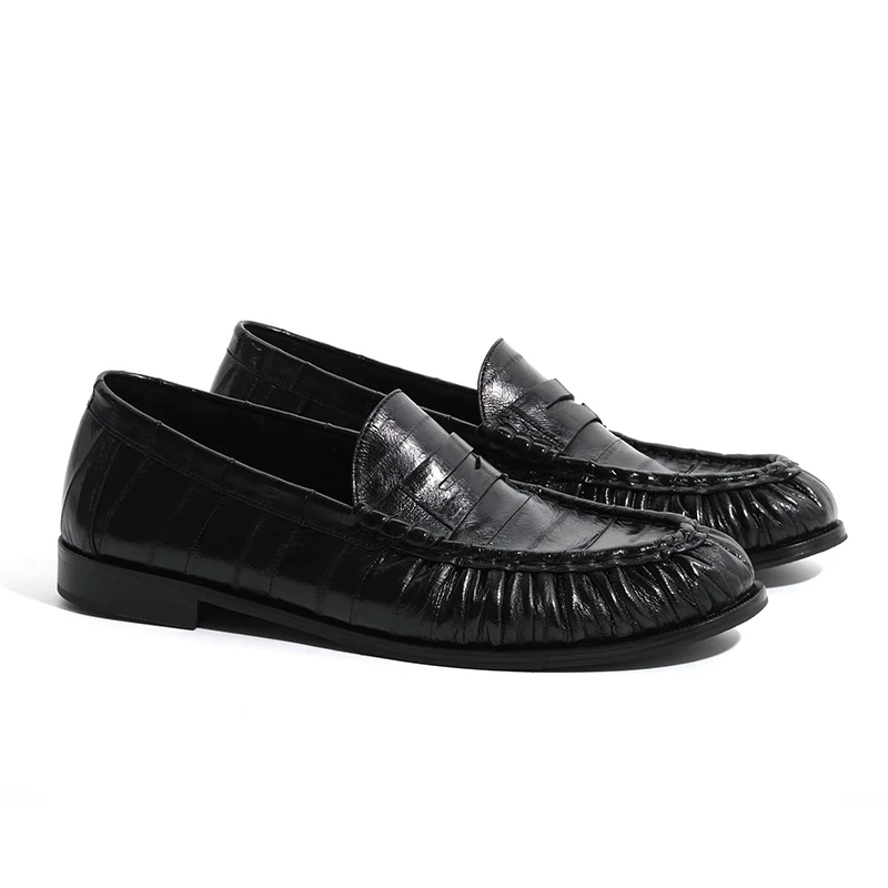 

Loafers for men's eel skin pleated design a top layer cowhide slip in formal dress shoe suitable for casual work and commuting