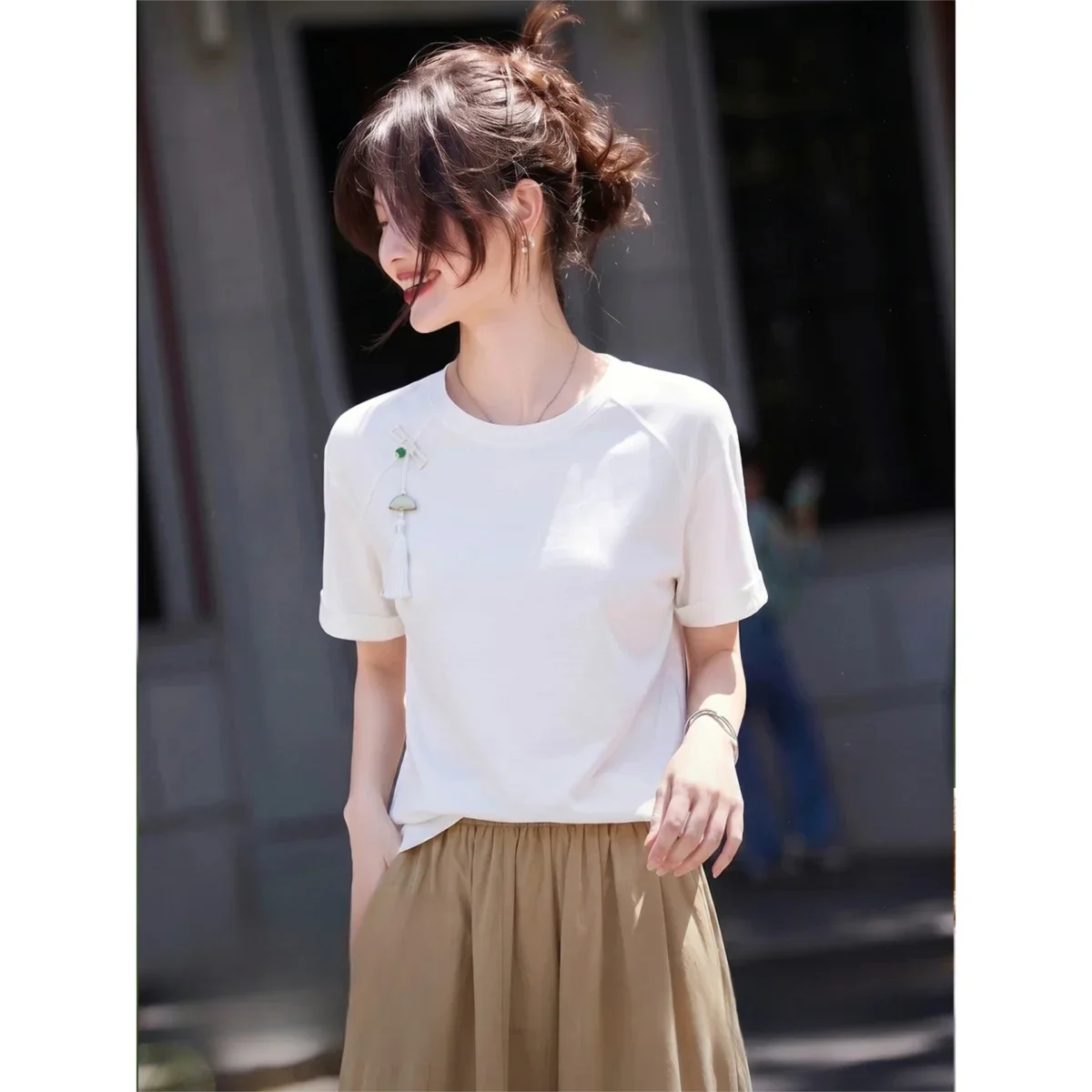VIMLY New Chinese White Short Sleeve T-shirt Women's Summer 2026 Fashion Tassel Frog Buttons Design Solid Color Knit Top A6302