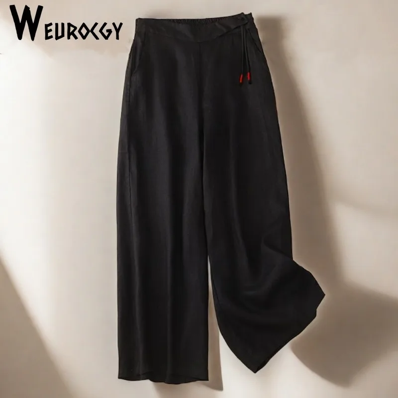 Retro Artistic 2024 Autumn Wide Leg Pants Women Elastic High Waist Cotton and Linen Casual Pants Loose Straight Women's Pants