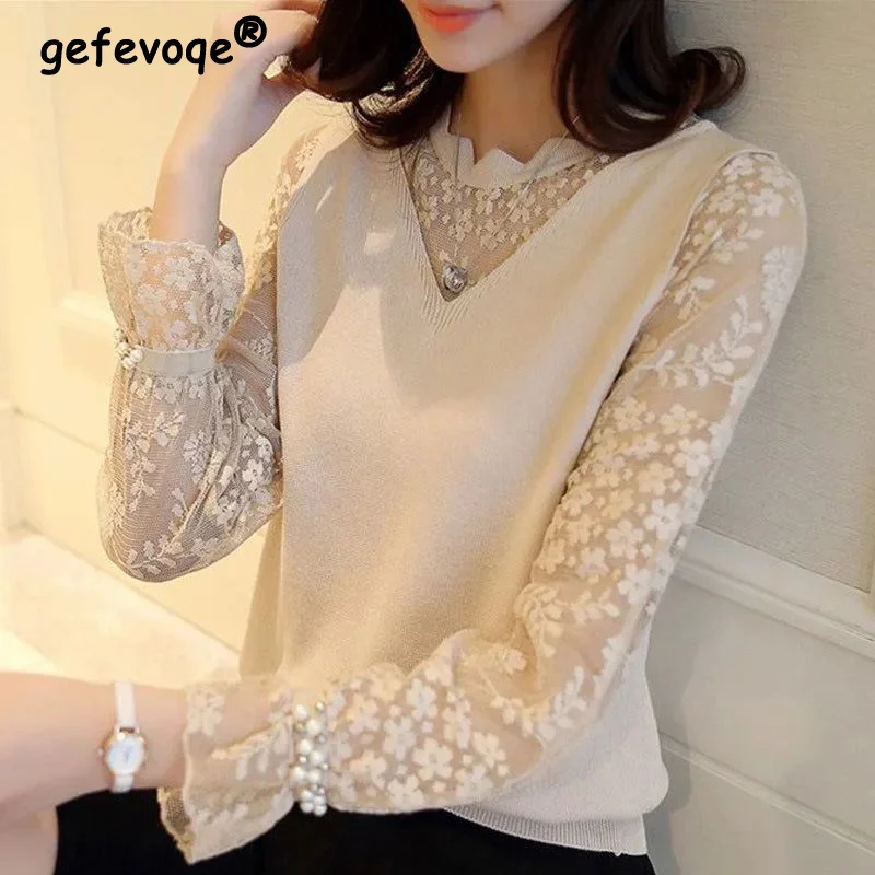 

Black White Sexy Elegant Chic Sweet Lace Patchwork Thin Basic Knitted Sweater Women Spring Autumn Long Sleeve Slim Pullover Tops