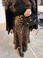 TRAFZA 2024 Female Elegant Midi Skirts Retro Leopard Print High Waist Satin A-Line Women's Fashion Bottoms Streetwear Midi Skirt