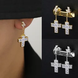 Men' Earrings Hiphop Cross Pendant Dangle Earring For Men Gold Color Dazzling Cubic Zirconia Rock Piercing Earing Jewelry