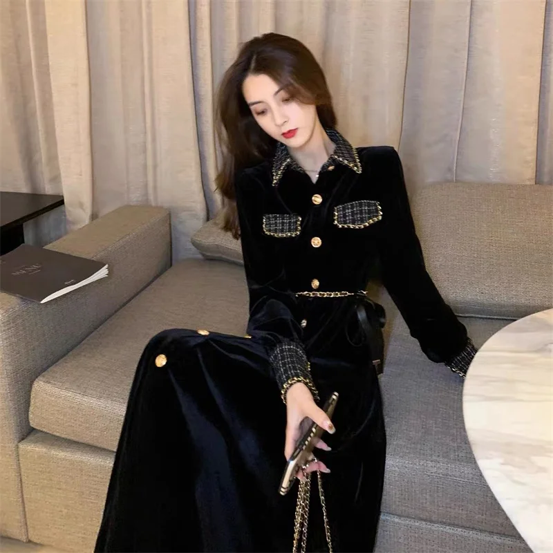 Black Fragrance Style Spliced Polo Neck Long sleeved Dress 2024 Spring Autumn New Light Luxury Style Slim Long Dress With Belt