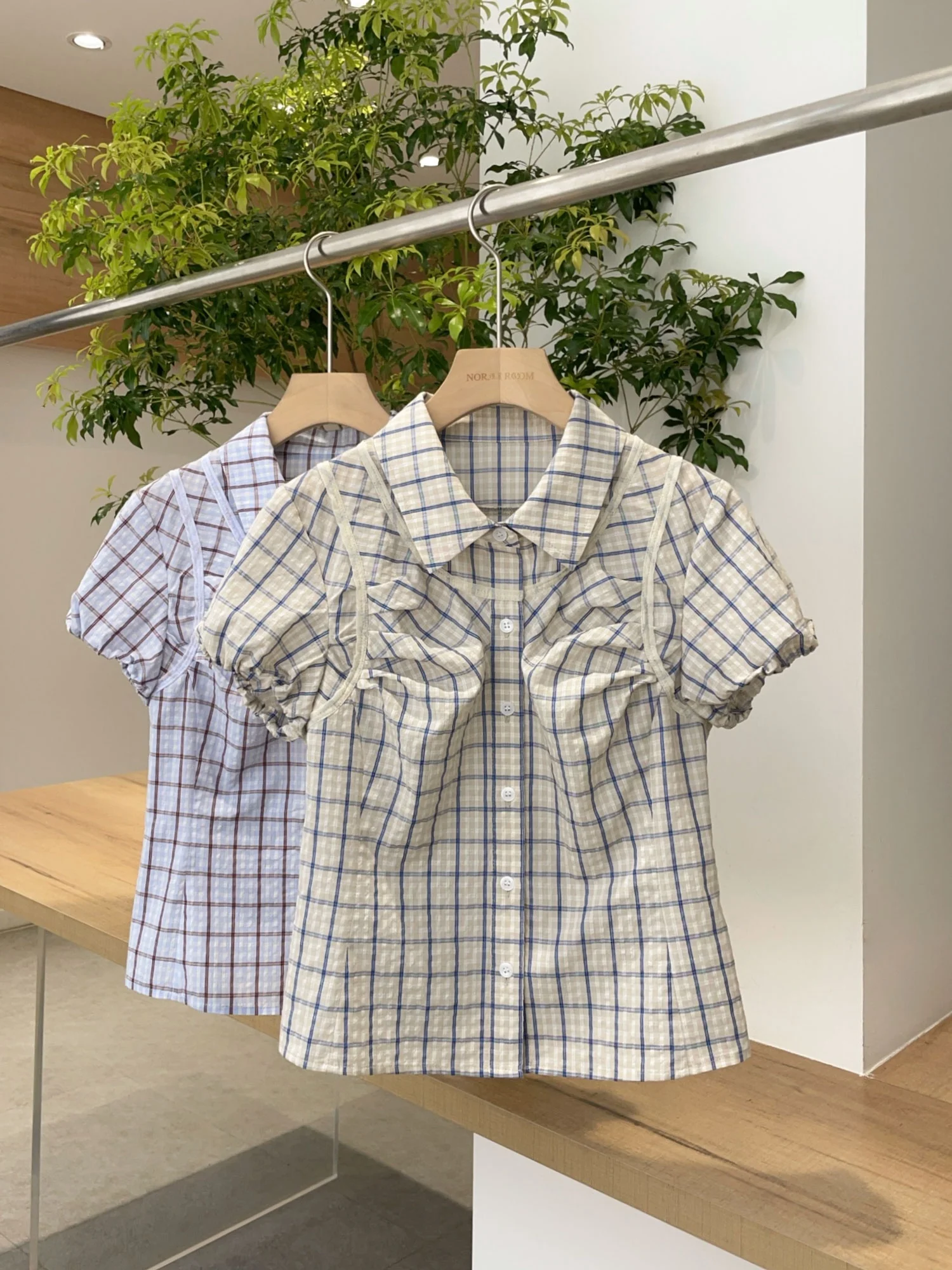 

Nok Xiaola Authentic Brand RA Spring Summer 2026 Plaid Patchwork Short Sleeve Shirt Women's Casual Style Thin Cotton...
