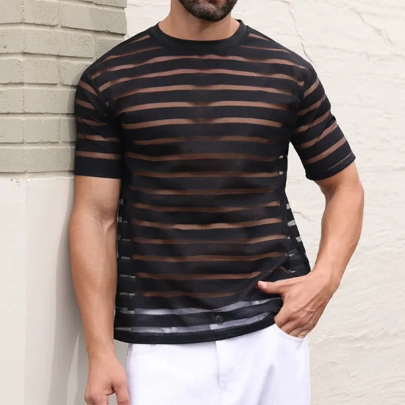 Summer Stripes Breathable Cool Men's Top Men's Sexy Hollow Short Sleeve T-shirt, The Trend of All Matching Black Men's T-shirt