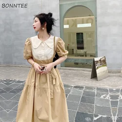 Dresses Womens French Style Simple Summer Patchwork Retro Casual Mature A-line Peter Pan Collar Trendy Elegant All-match Female