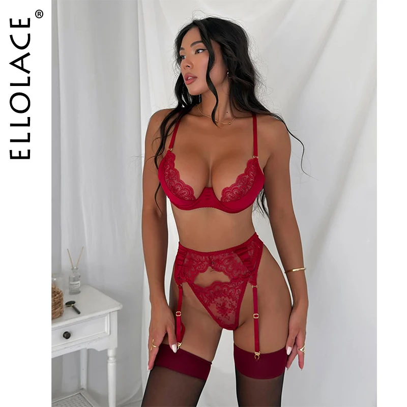 Ellolace Willowy Women's Lingerie Sets Seductive Satin Patchwork Bra Belt Thong 3PC with Stockings Intimate Embroidery Underwear