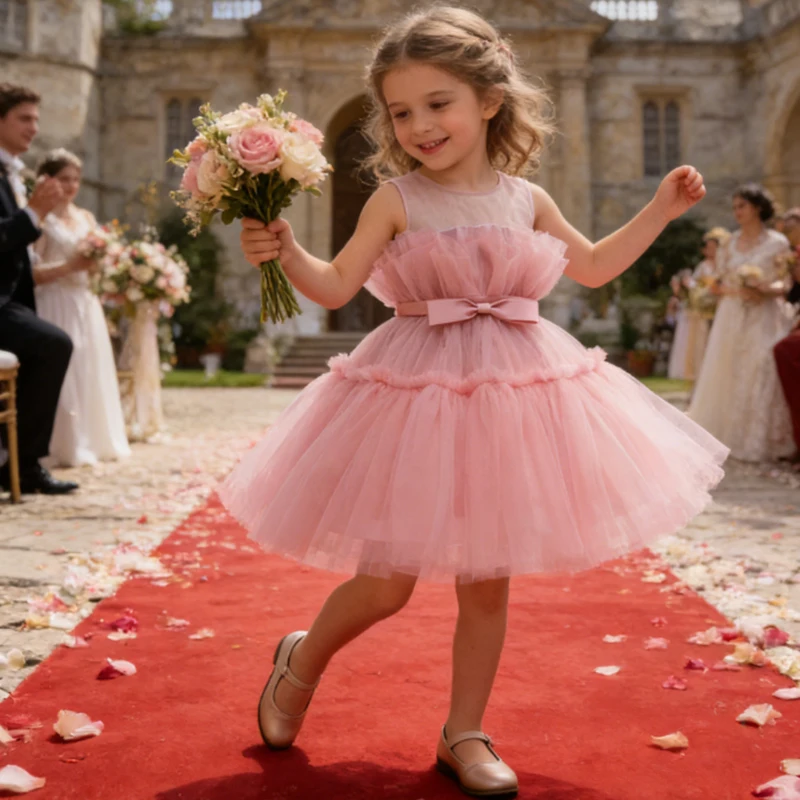 Mädchen Partykleider Kinder Weiß Hochzeit Brautjungfer Prinzessin Kleid Abendkleid Mädchen Elegantes Kleid 1. Geburtstag Party Taufkleid
