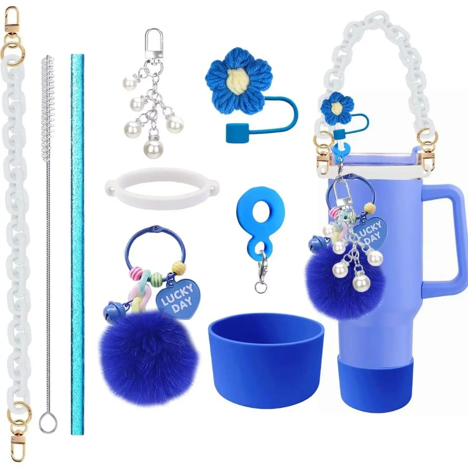 Llavero de pompón esponjoso con anillo de silicona en forma de pera, set de adornos para pajitas, accesorio ecológico y divertido para pajitas