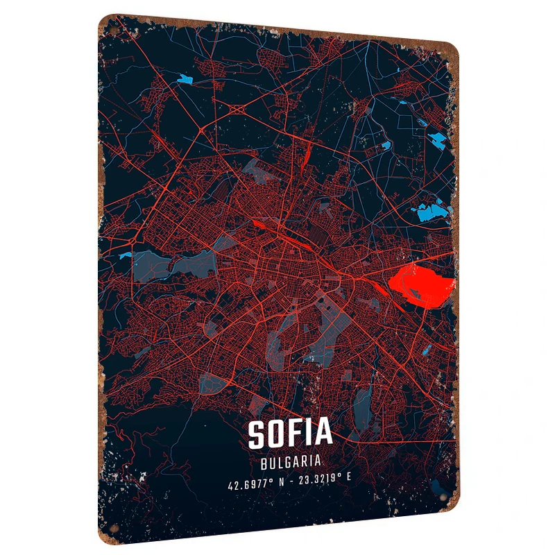 Sofia Bulgaria City Map Metal Wall Art Modern Home Decor Street Map Metal Sign