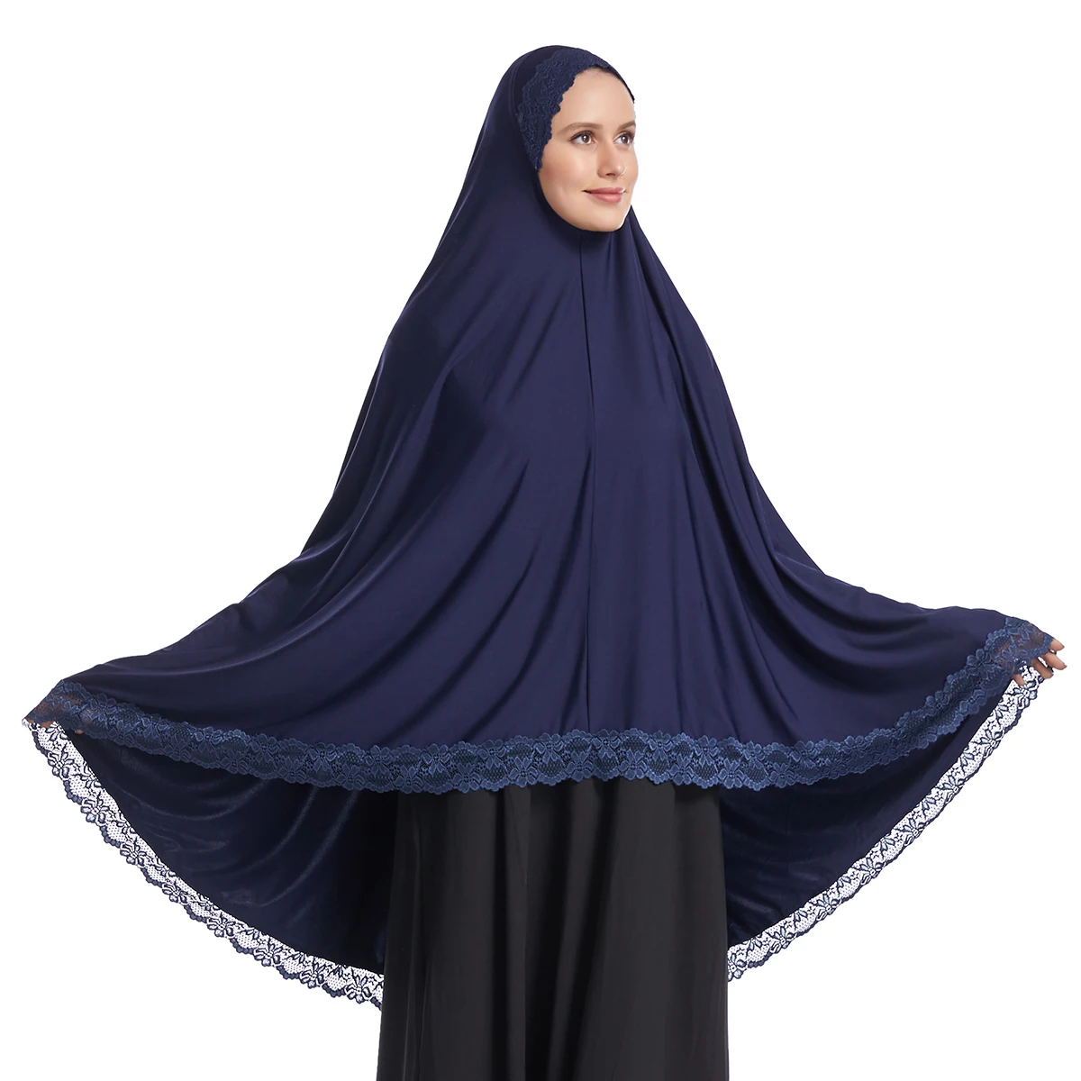 Women Muslim Prayer Long Khimar Lace Trim Stretchy Hijab Islamic Veils Headcover Dubai Turk Hijabi Head Cover (No Under Dress)