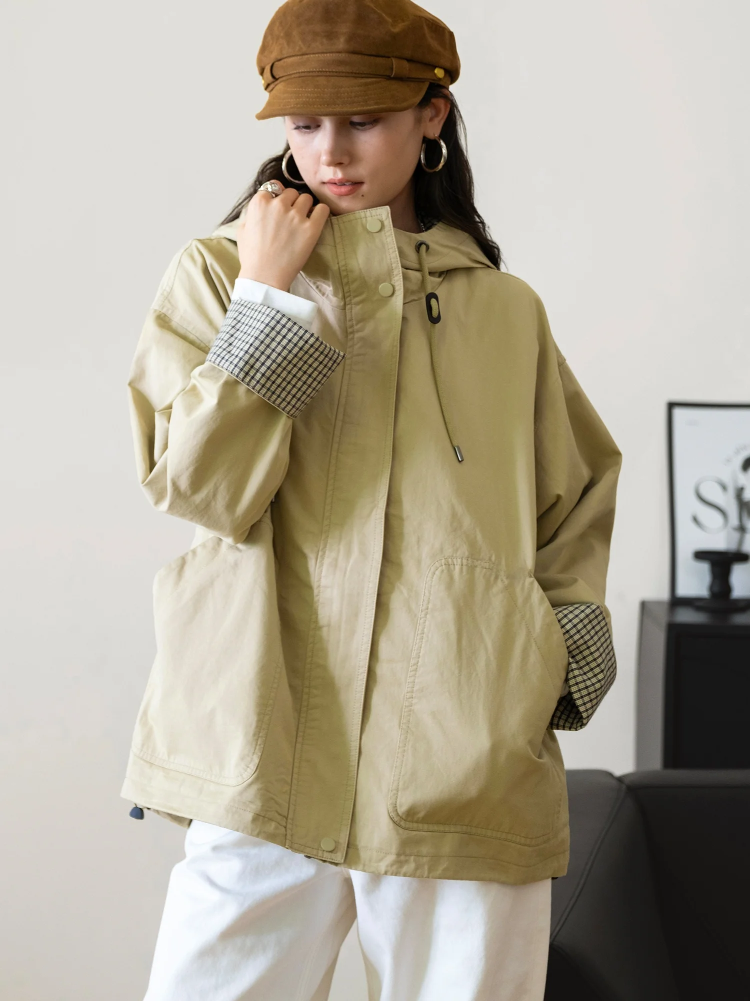 Handmade Cotton 100% Hooded Windbreaker Jacket Thickened Long Sleeve Regular Length Zipper Closure  Color Women's Coat