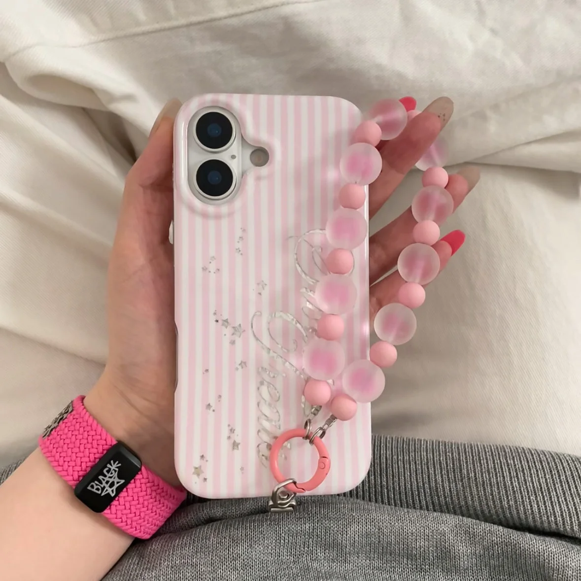 Korean Ins English Letters Pink Striped Stars Phone Case For iPhone 18 17 16 15 14 13 12 11 Pro MAX MINI Plus 17air Matte Cover view 5
