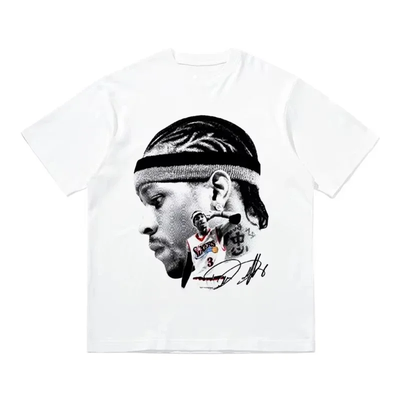 Camiseta Y2k de manga corta con cuello redondo, ropa para hombre, novedad en camisetas, camiseta para hombre Iverson, cabeza grande impresa, estrella de baloncesto 72102