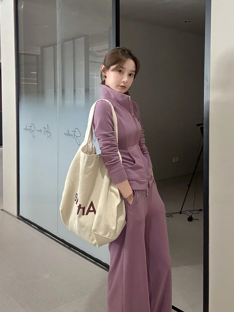 

ARE GuaGua Women's Casual Sportswear Set Spring Commute Style Purple Sweatshirt Two-Piece Suit Long Sleeve Stand Collar