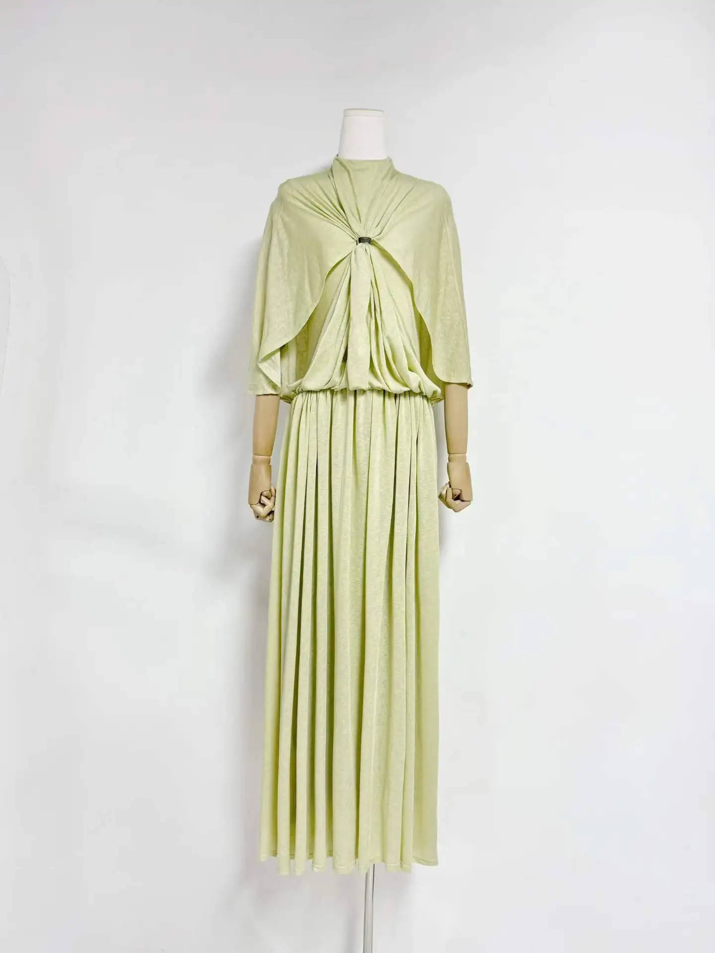 High Quality 2026 Women Multi-Color Cape Sleeve Ruched Waist Maxi Dress Flowy Elegant Formal Evening Party Gown