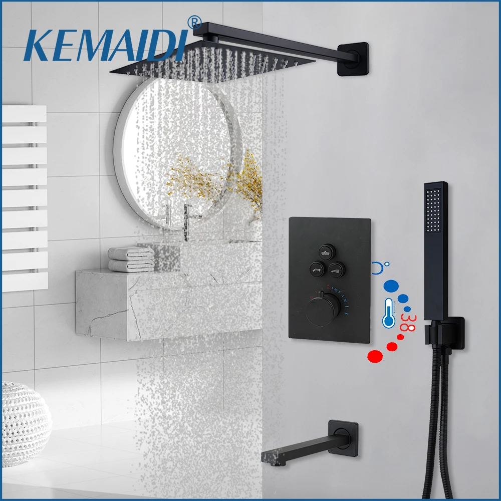 KEMAIDI Thermostatic Bathroom Shower Faucet Set Rain Waterfall Bathtub Shower System Mixer Tap  2/3 Ways Push Key Mixer Black