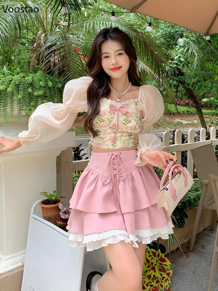 Kawaii Lolita Skirt Set Women Elegant Puff Sleeve Bow Floral Blouse Sweet Pink Ruffles Mini Skirt Suit Korean Style 2 Piece Sets