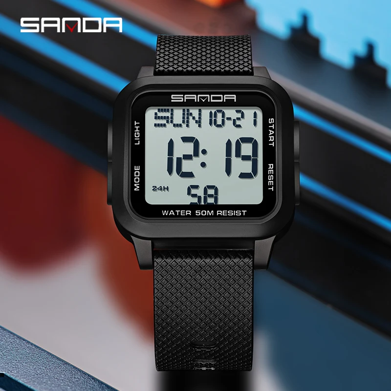SANDA 2194Водонепроницаемые повседневные светодиодные цифровые часы Мужские многофункциональные электронные часы с таймером Календарь Будильник Военные квадратные часы