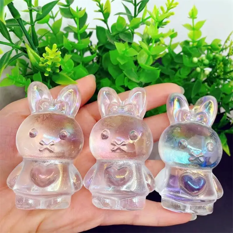 

7CM Natural Aura Quartz Rabbit Cartoon Carving Sculpture Healing Gemstone Crystal Crafts For Home Decoration Ornament 1PCS