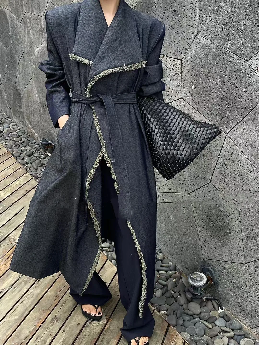 

rench Coat Women Autumn 2025 New Loose Lace Up Waist Double Breasted Long Sleeve Denim Spliced Windbreaker