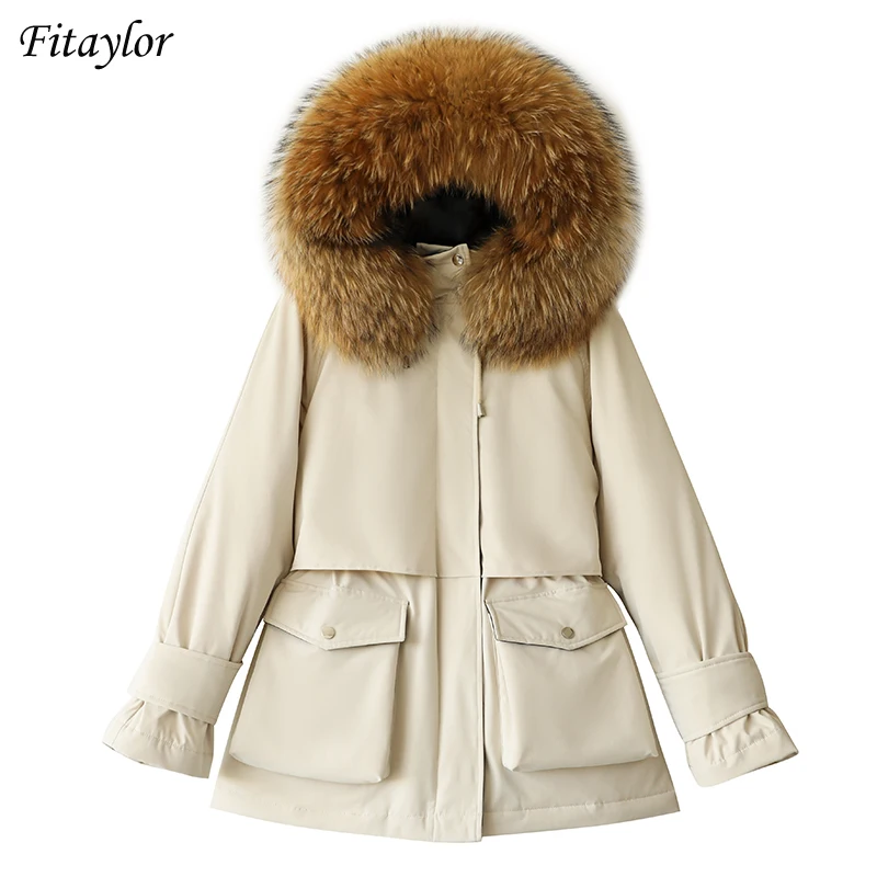 Fitaylor Winter Large Natural Fur Hooded Down Jacket Women Thick Warm Snow Beige Outerwear White Duck Down Coat Adjustable Waist