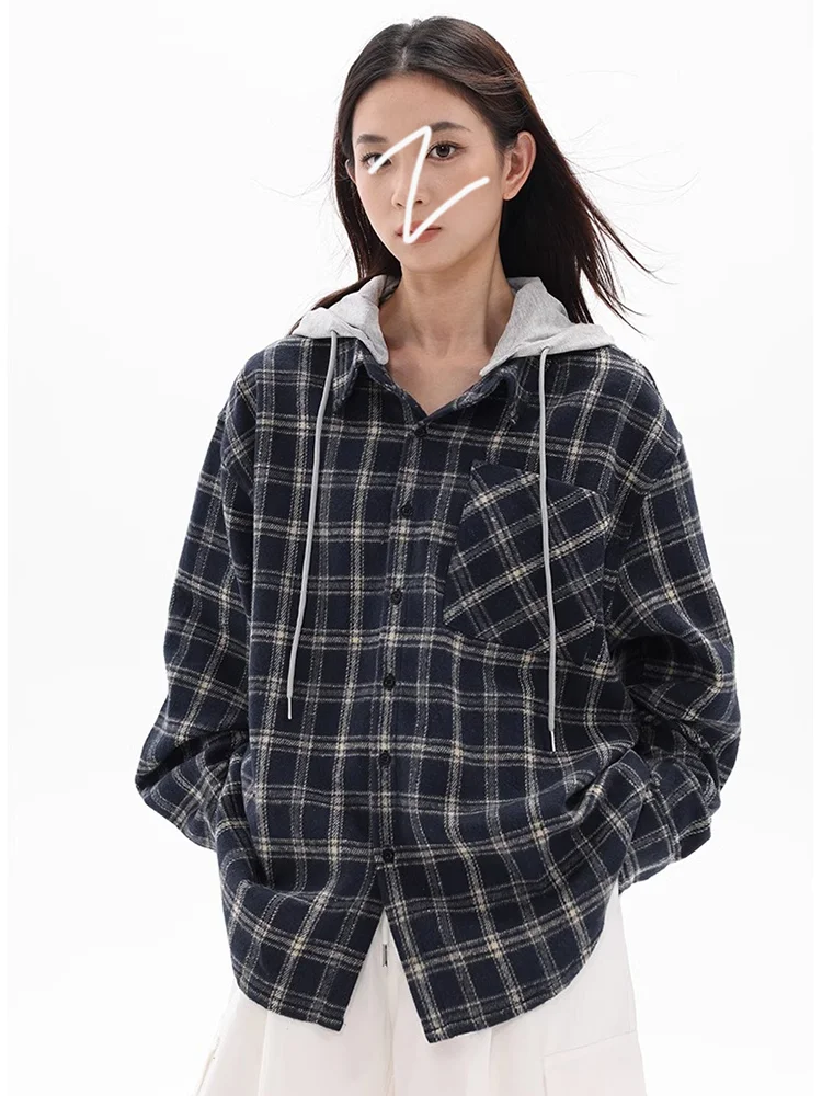 Jmprs Y2K Patchwork Plaid Shirt Women Oversize Streetwear Vintage Hooded Blouse American Harajuku Detachable Cap Bf Retro Tops