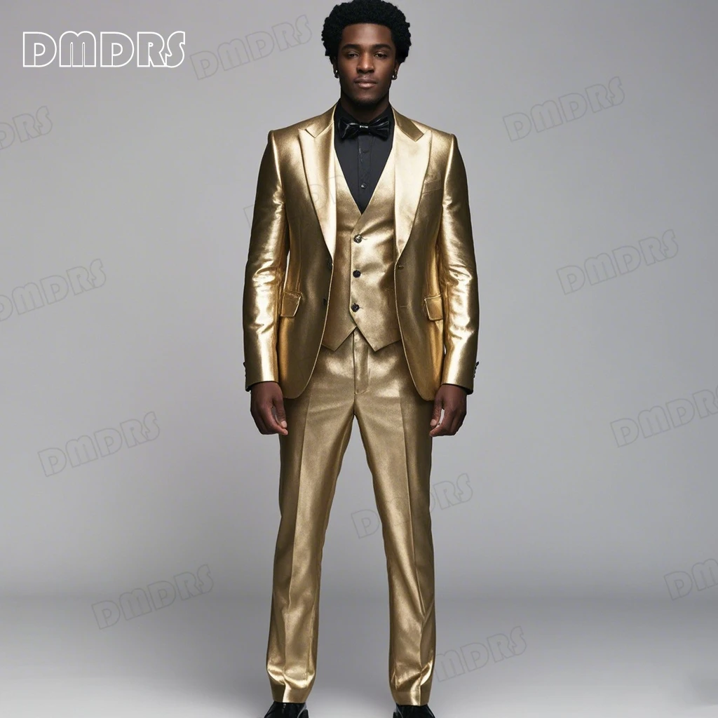 

Men's Formal Slim Fitting Suit Set, Satin Three Pieces Costume Suit Jacket Vest Pants Solid Tuxedo Pants Customized Colors