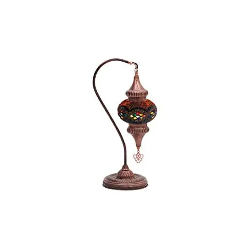 LaModaHome English Moroccan Handmade Mosaic Glass Swan Neck Table Lamp Light with Decorative Polished Copper Fixture for Bedroom