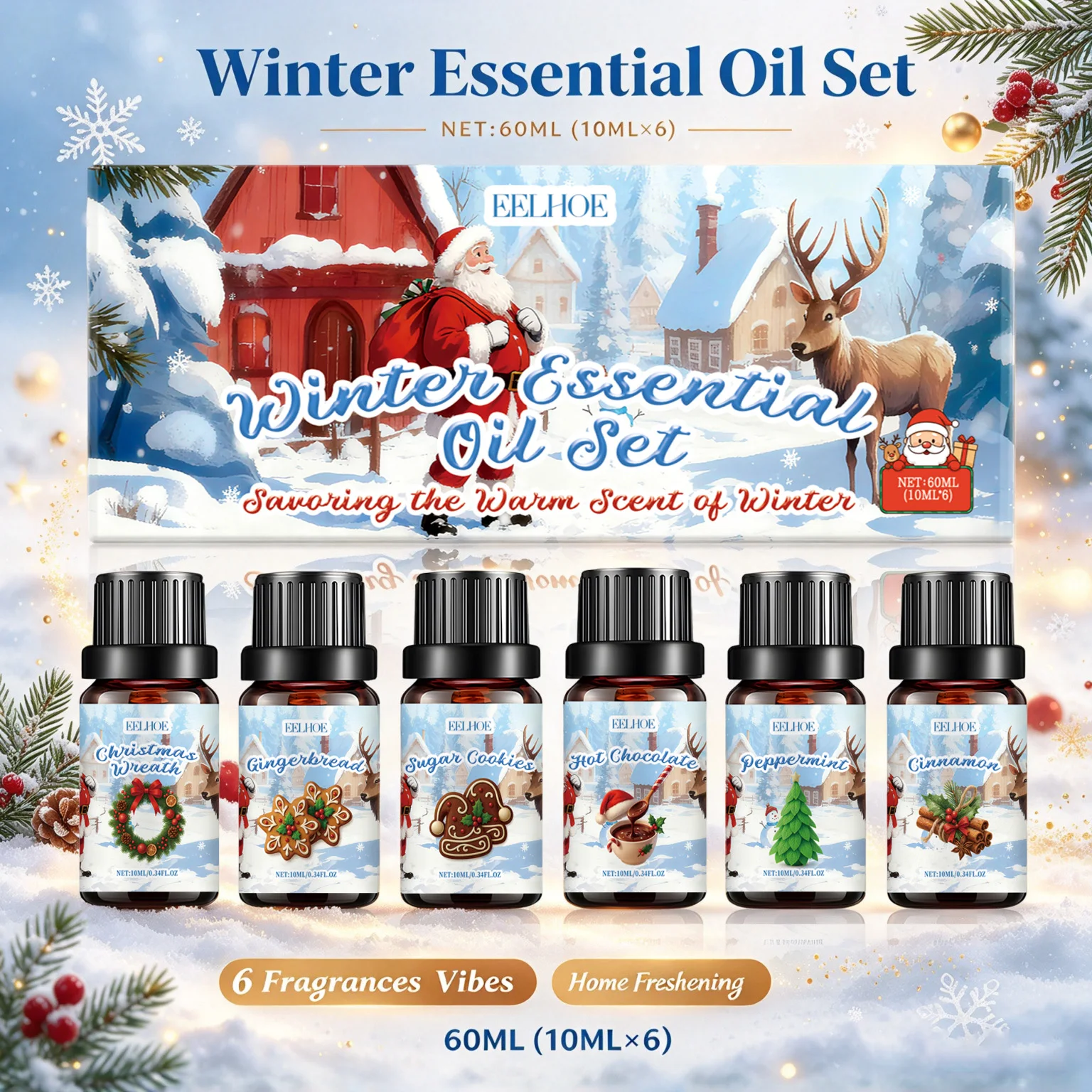 Merry Christmas Winter Essential Oil Set 6x10ml Aromatherapy Air Freshener Scented Oil for Humidifier Diffuser Home Car Office