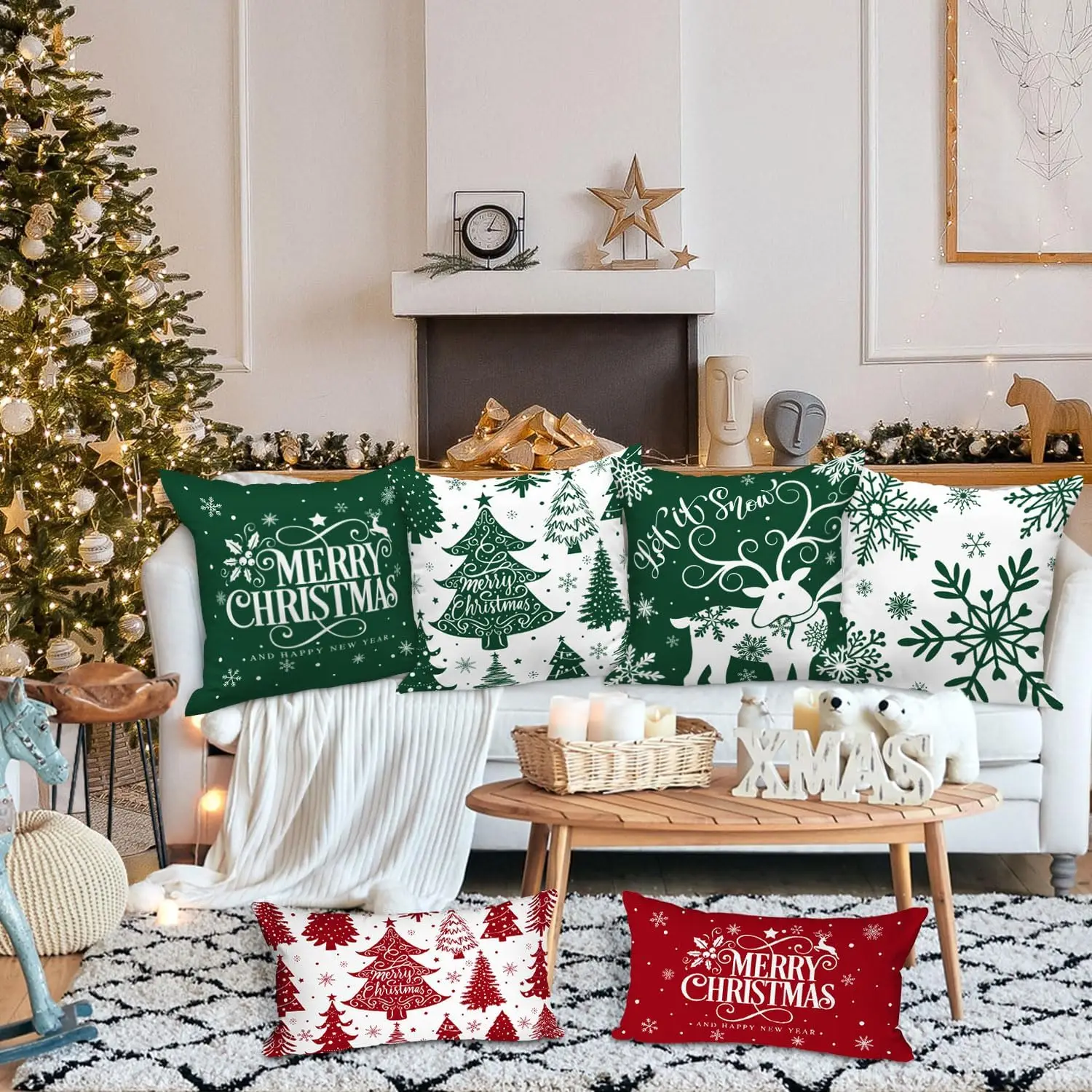 White and Green 18x18 Christmas Pillow Covers Set of 4, Decorative 18 Inch Winter Snowflake Throw Pillow Case Xmas Cushion Cover
