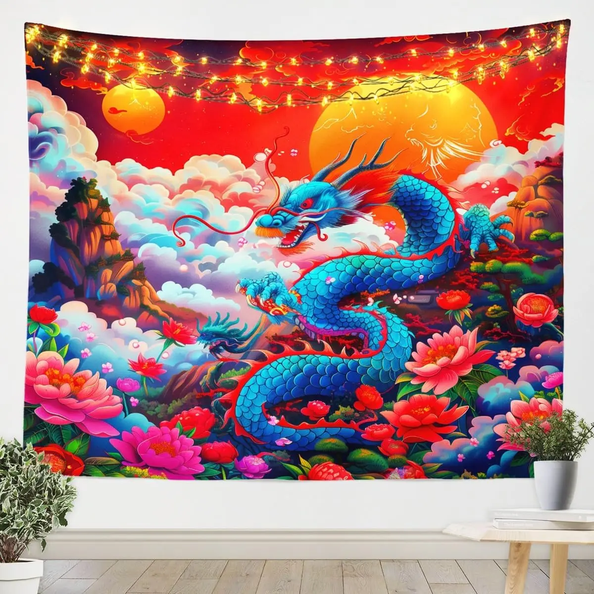 Western Dragon Kids Tapestry,Chinese Style Wildlife Animal Wall Tapestries,Boys Girls Room Decor,Peony Flowers Sun Clouds Wall