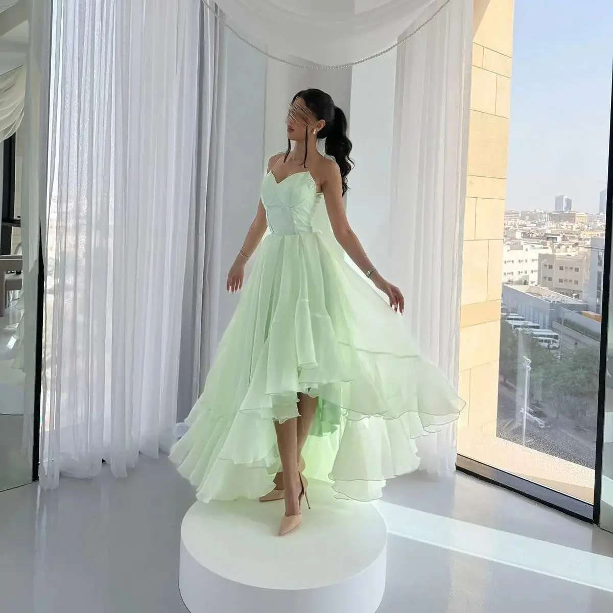 

Mint Green Sweetheart Prom Gowns Sexy Beach Pleats Vestidos de Fiesta Customized Tulle Formal High Low Evening Dresses