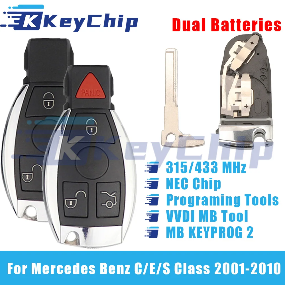 KeyChip Pro For Mercedes Benz C/E/S Class 2001-2010 3/3+1 Buttons Smart Remote Car Key 315/433 MHz NEC Chip Dual Batteries