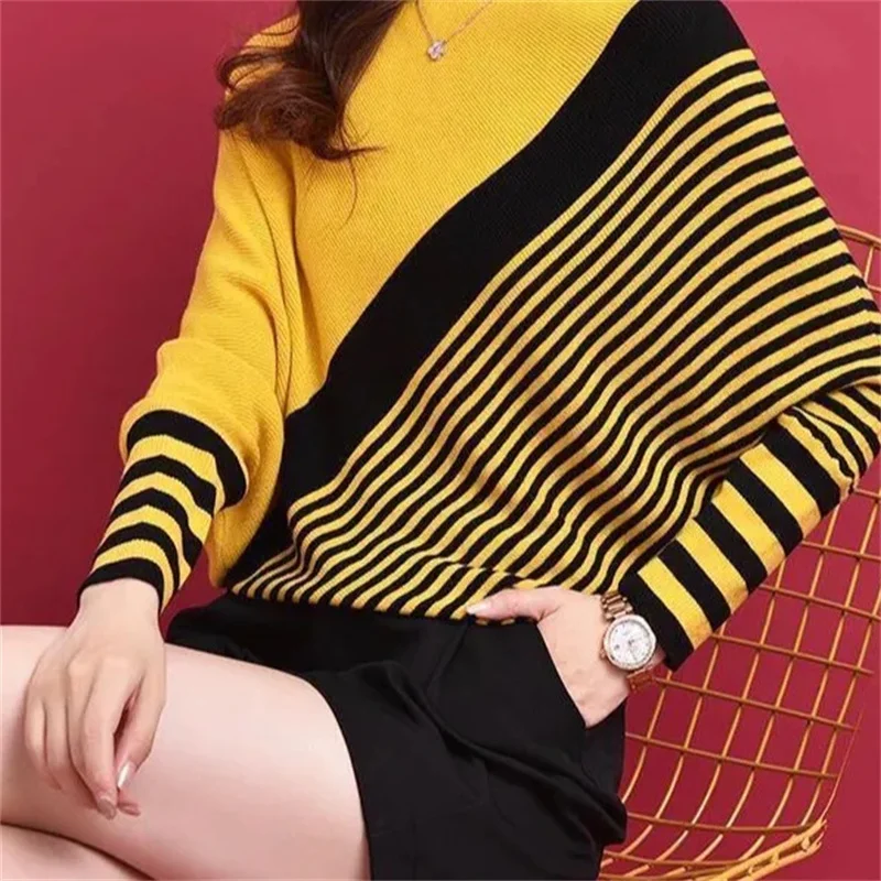 Women's Knitting Sweater And Pullover 2023 Loose Irregular Bat Sleeved Sweater Female High End Bat Shirt Color Blocking Pullo