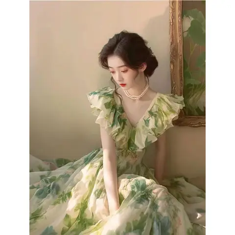 Summer Women Clothing Mori Girl Style Ruffles V-neck Sleeveless Floral Dress Female Elegant Pleated Corset Sundress Women Dress