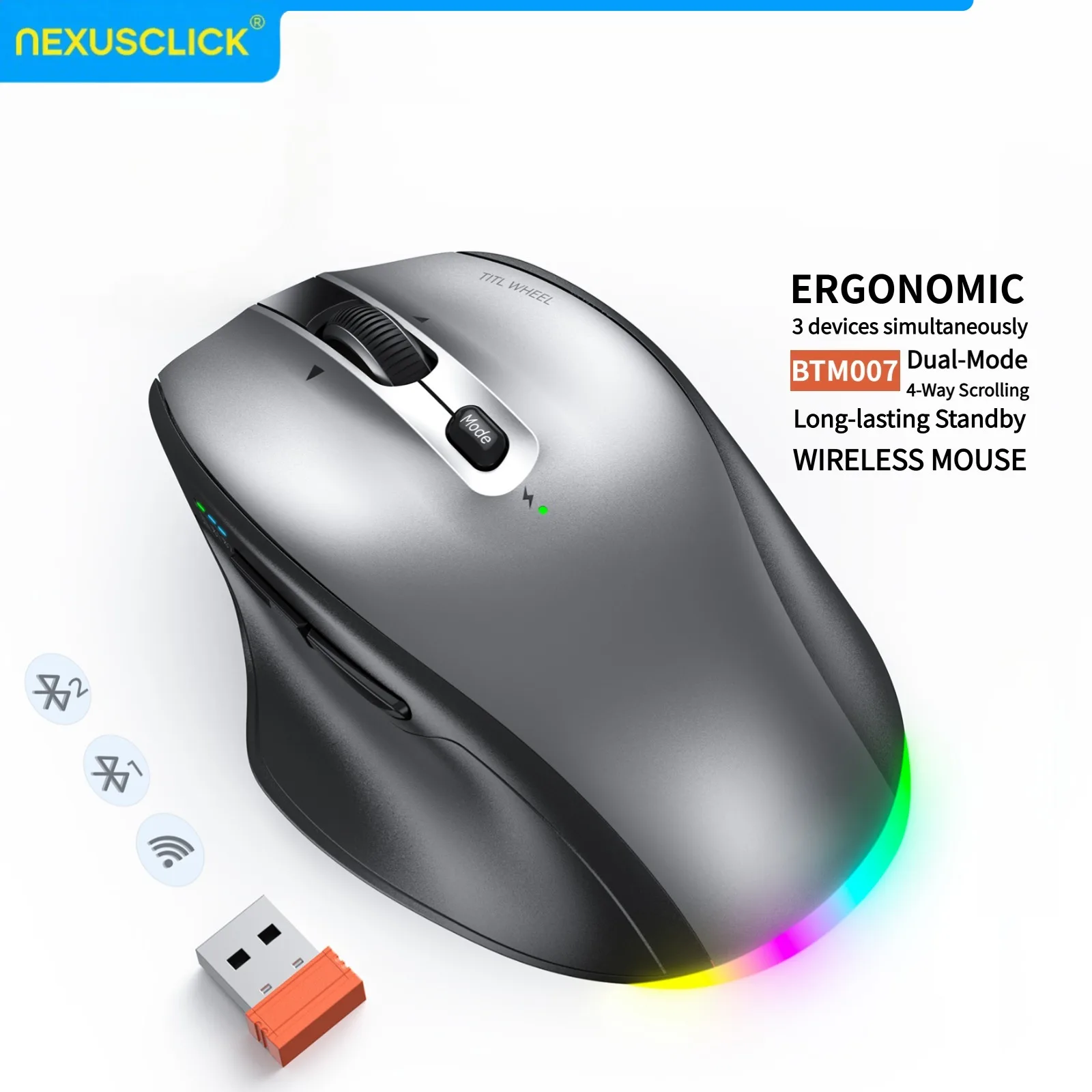 NexusClick Rechargeable Wireless Mouse,Ergonomic with Thumb Rest,Dual Mode,RGB Backlit,Silent Click,Multi-Device,for PC Office