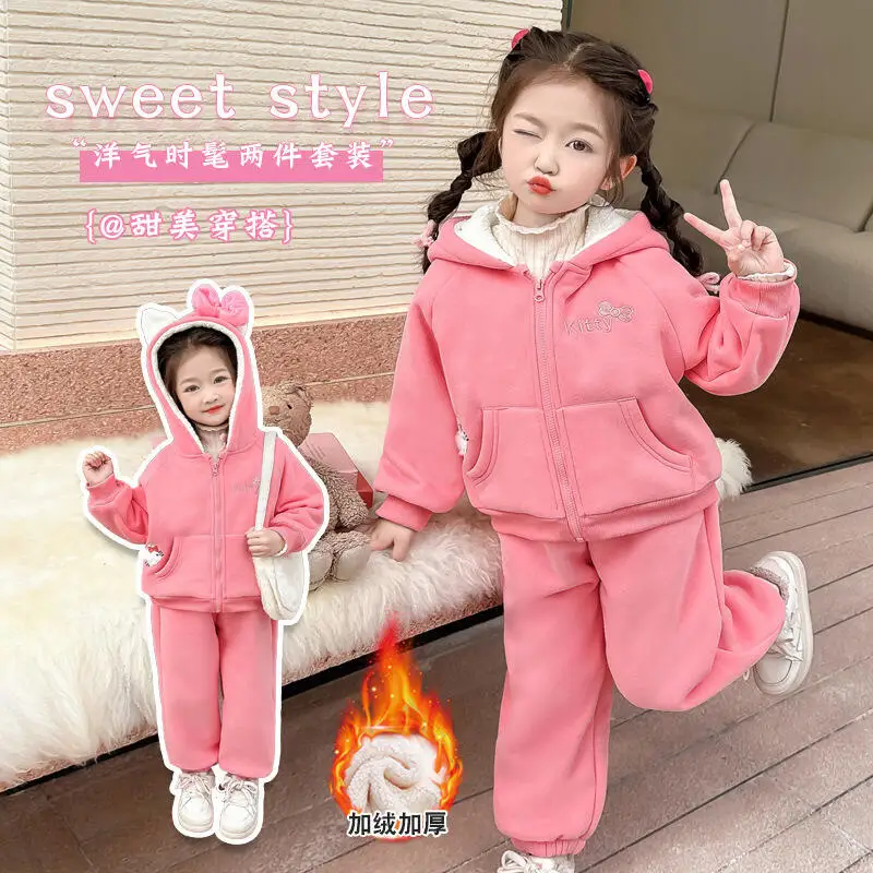 

Girls Cartoon Hooded Sweatshirt Winter 2025 New Cute Kitten Anime Kids Fashion Thicken Warm Sportswear Set Sweet Girls' Clothing
