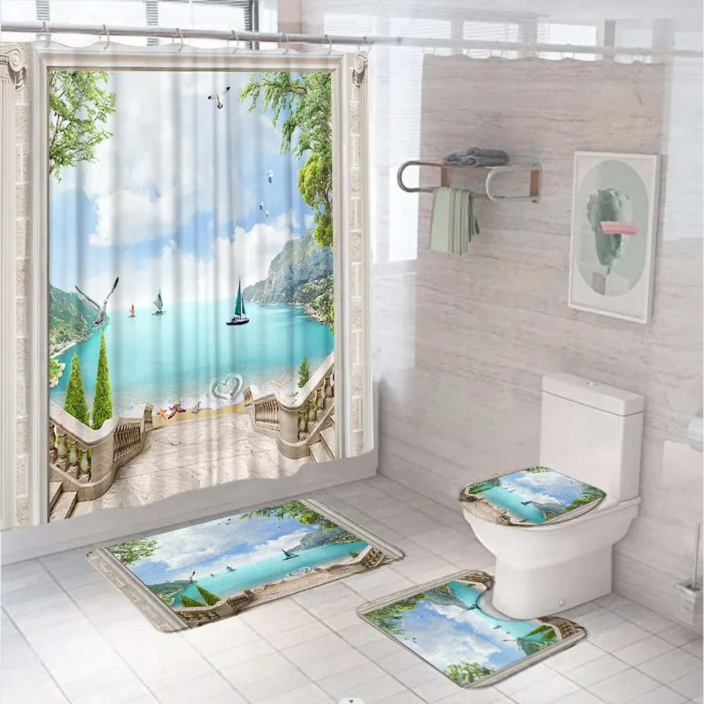 Ocean Scenery Boat Bathroom Set Shower Curtain Rug Bath Mat Lid Toilet Cover Green Plant Potted Flowers Wall Brick Bath Curtains