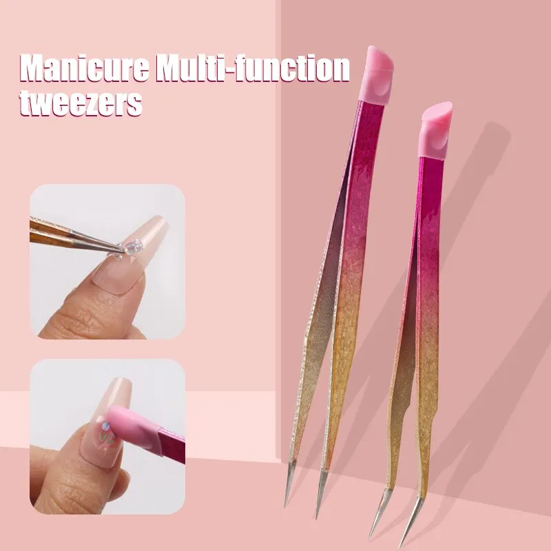 2PCS Tweezers Multifunctional Double Headed Tweezers Nail Clipping Sticker Tape Silicone Pressing Rod Tool NAIL TOOLS Makeup cli