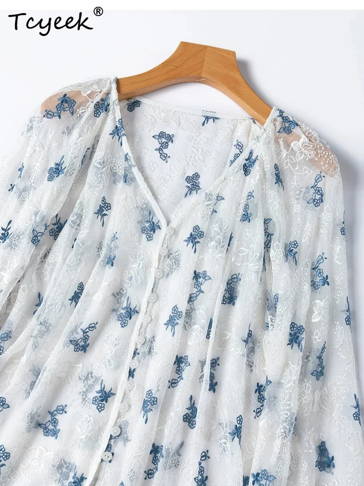 Tcyeek 100% Real Silk Blouse Women 2026 Summer Light Blue Embroidered V-neck Sun-protective Shirts Female Clothing Chemise Femme