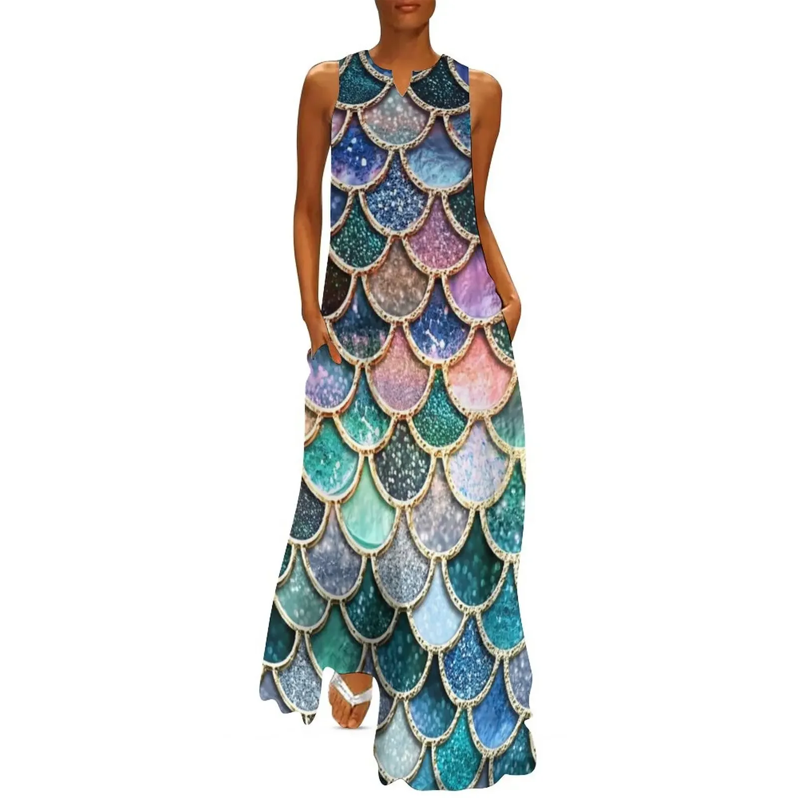 

Teal, Silver and Pink Sparkle Faux Glitter Mermaid Scales Long Dress dress women summer birthday dress for women