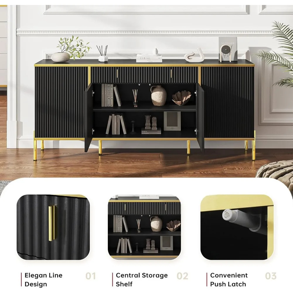 60” Modern Sideboard Buffet Cabinet, Fluted Storage Sideboard with Adjustable Shelves & Pop-Up Doors, Multifunctional