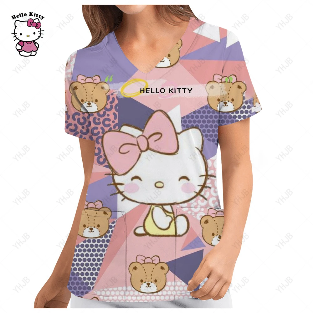 

Женская униформа медсестры с коротким рукавом, новинка 2025, рабочая форма Hello Kitty, блузка с карманами, скрабы, топы, медицинская униформа для кормления