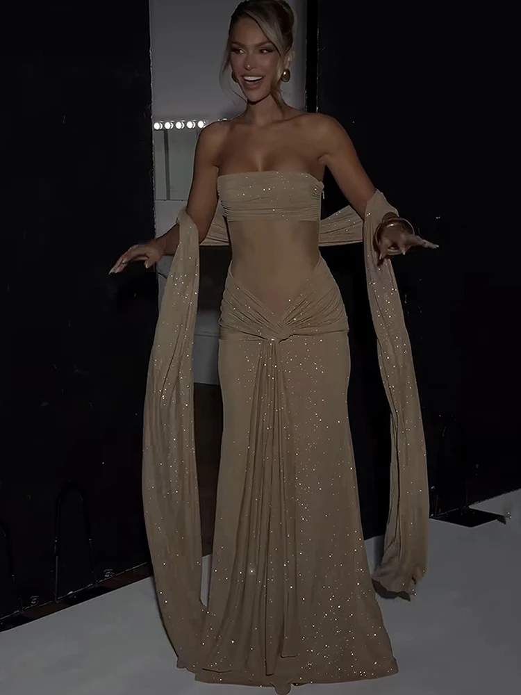 Sukienka Whatiwear z brokatową wstążką, damska, Y2K, letnia, bez ramiączek, wiązana, elegancka, marszczona, patchworkowa, na przyjęcie urodzinowe, do klubu, seksowna, obcisła.