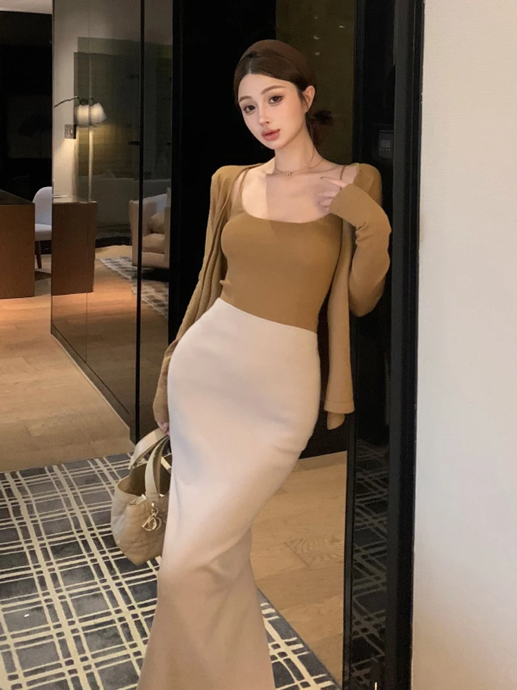 Early Autumn Lightweight Retro Camisole Long Sleeve Wrap around Skirt Set Pure Color Simple Design Sexy Style Women's Fashion