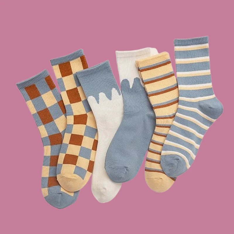 

5/10 Pairs 2024 New Blue Plaid Breathable Socks Women Mid-tube Socks Cream Striped Cotton Casual Socks British Style Socks